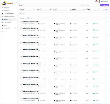 Dashboard for hiring and caregiver management
